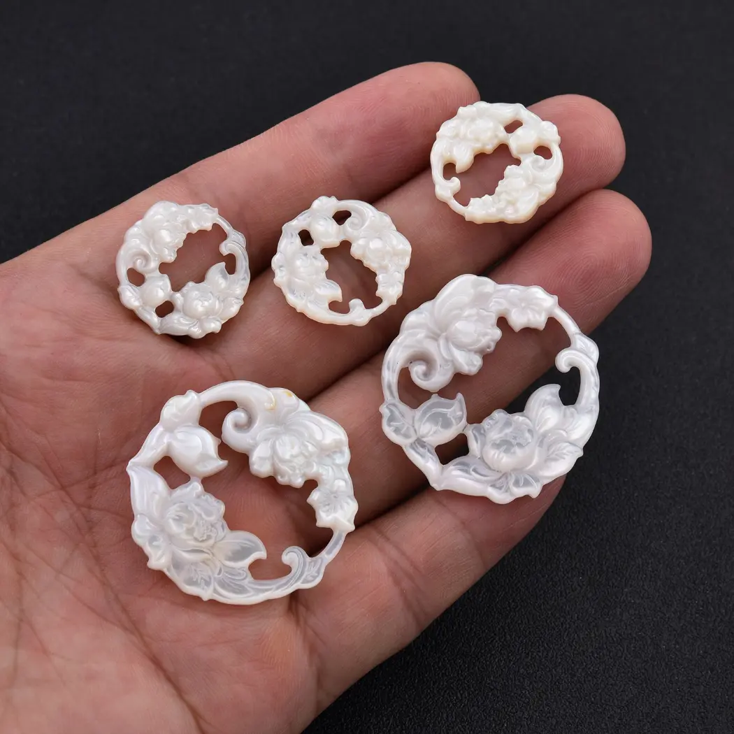 Mother of Pearl Peony Charm, Carved Shell Floral Pendant, Flower Wreath Jewelry Finding, DIY Necklace Bracelet Charm, Gift for Her, CP2528 - Image 2