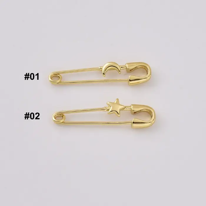 Gold Filled Celestial Safety Pin Charm, Moon Star Brooch Pendant, Minimalist Pin Connector for Jewelry Making Supplies, Lot039
