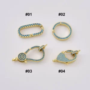 Gold Filled Turquoise CZ Carabiner Clasp Charm, Pave Screw Lock Connector, Oval Round Fish Lock for Jewelry Making, Gift for Her, Lot041