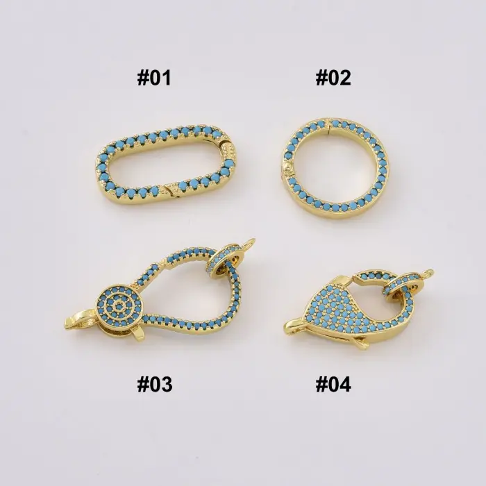 Gold Filled Turquoise CZ Carabiner Clasp Charm, Pave Screw Lock Connector, Oval Round Fish Lock for Jewelry Making, Gift for Her, Lot041