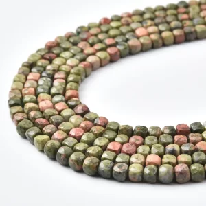 Unakite Beads Natural Faceted Cube 4mm Green and Pink Gemstone Strand for DIY Jewelry Making PRP1207
