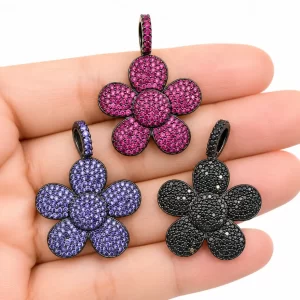 Pave Flower Pendant Charm, Pink Purple Black CZ Floral Pendant, Rhinestone Flower Jewelry Making Supply, Bracelet Necklace Charm, CP215