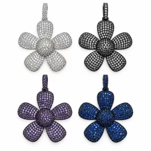 Pave CZ Flower Pendant Charm, Five Petal Floral Connector, Clear Black Purple Blue CZ Jewelry Making Supply, Necklace Link, CP460M