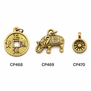Gold Plated Charm Pendants, I Ching Lucky Coin, Elephant & Wheel Charms, Asian Symbol Pendants, Jewelry Findings, DIY Supplies, Lot042