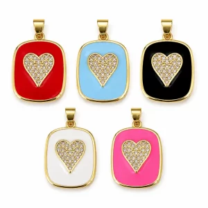 Gold Filled Enamel Heart Charm, Pave CZ Rhinestone Pendant, Heart Jewelry Connector, Bracelet Necklace Charm, Jewelry Making Finding, Lot045