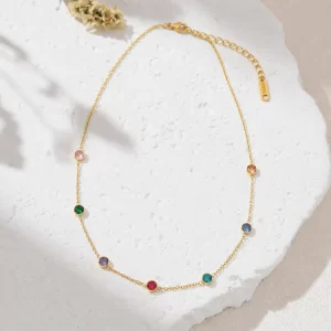 Stainless Steel Necklace, Gold Filled Rainbow CZ Station Necklace, Colorful Cubic Zirconia Chain Jewelry, Adjustable Dainty Necklace, SNL091