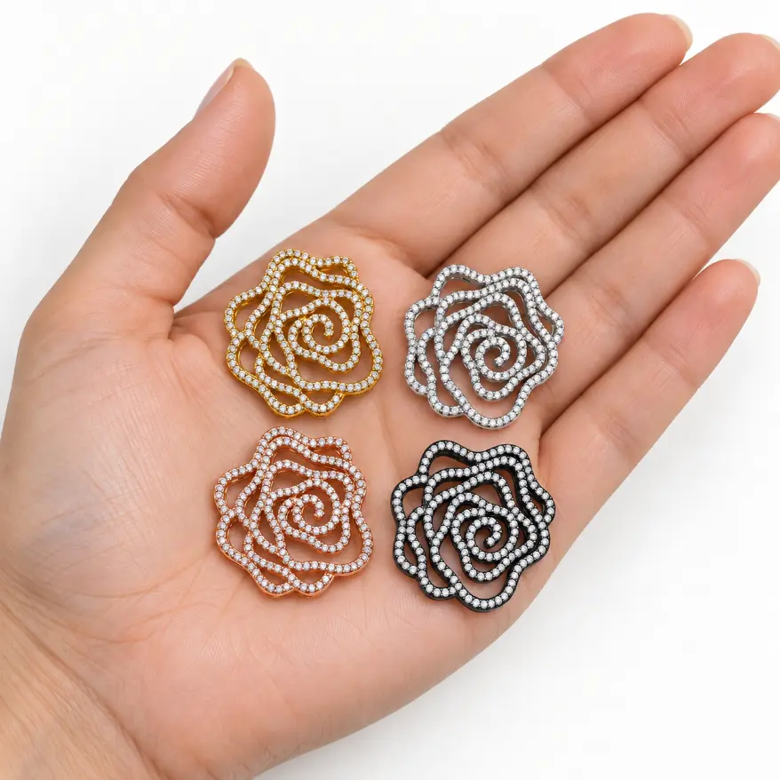Gold Filled Floral Rose Bead, Rhinestone Pave Flower Spacer Bead, Open Rose Design Jewelry Finding, Decorative Bead for Jewelry Making BD661 - Image 2