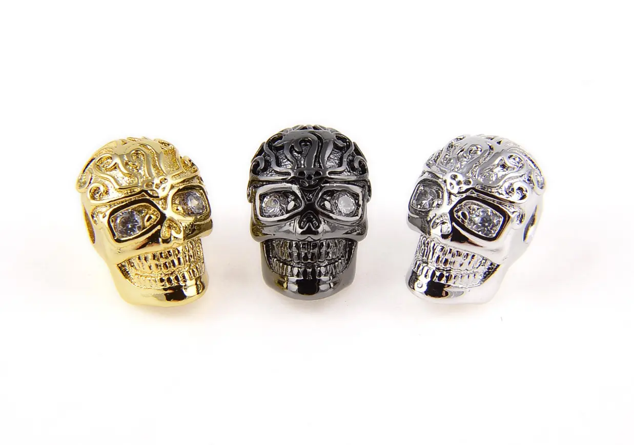 Skull Head Beads, Skeleton Charm, Golden Skull, CZ Micro Pave Skull Head Beads Spacer, DIY, Jewelry Making, 13x8mm, BD684