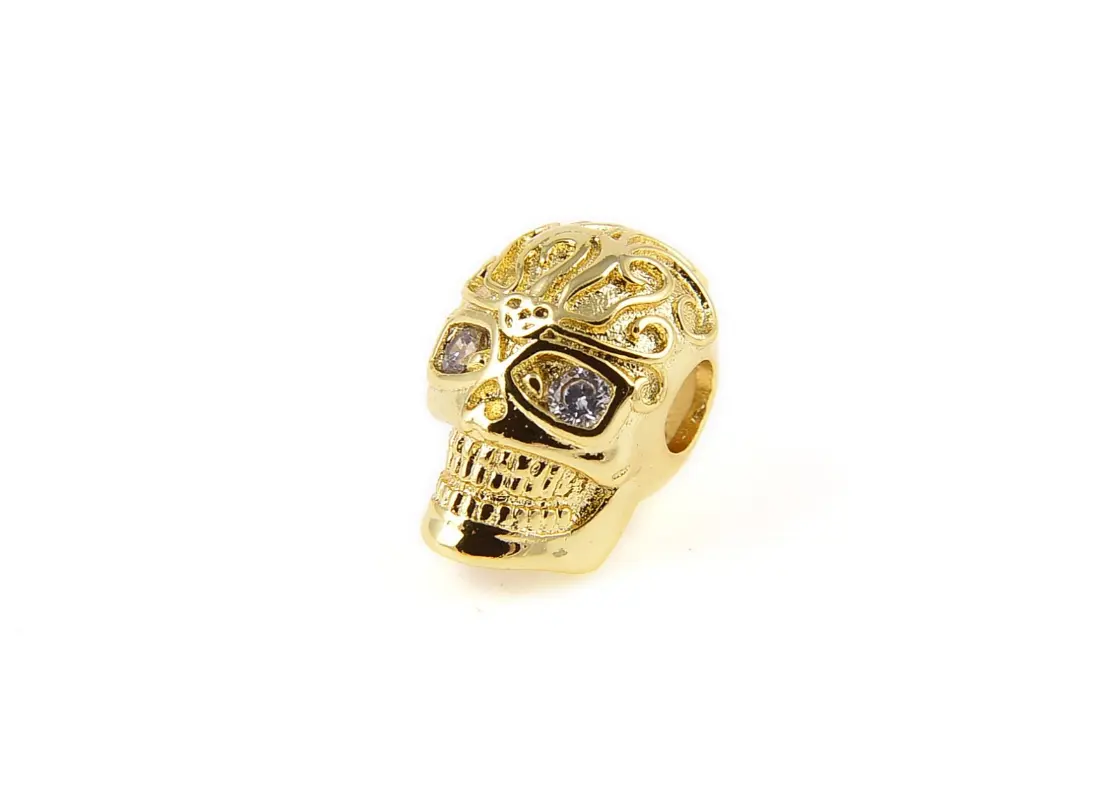 Skull Head Beads, Skeleton Charm, Golden Skull, CZ Micro Pave Skull Head Beads Spacer, DIY, Jewelry Making, 13x8mm, BD684 - Image 3