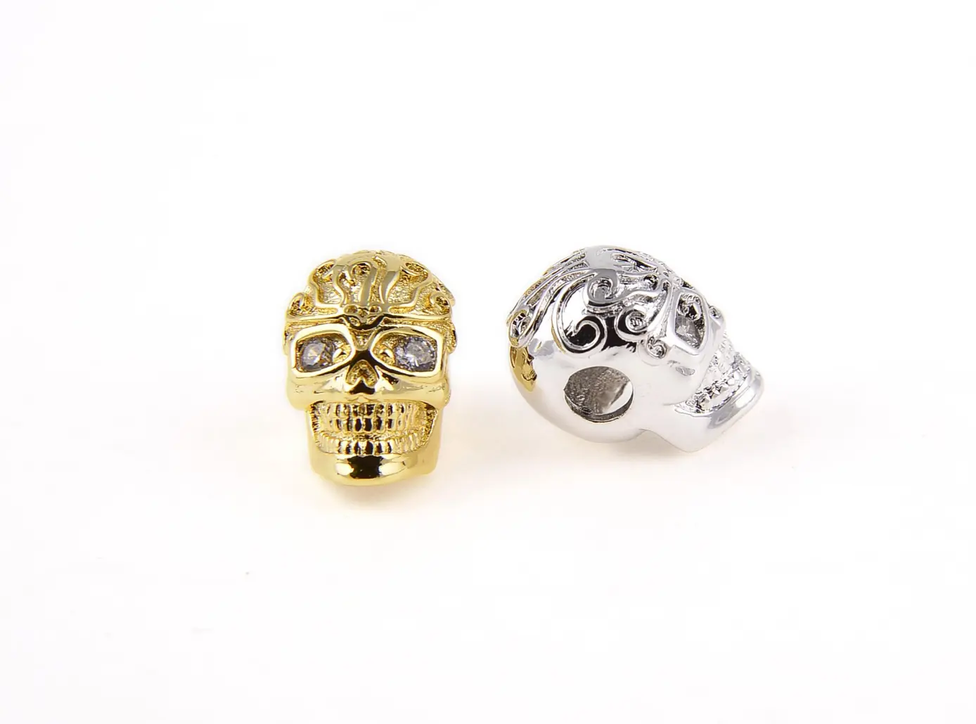 Skull Head Beads, Skeleton Charm, Golden Skull, CZ Micro Pave Skull Head Beads Spacer, DIY, Jewelry Making, 13x8mm, BD684 - Image 2