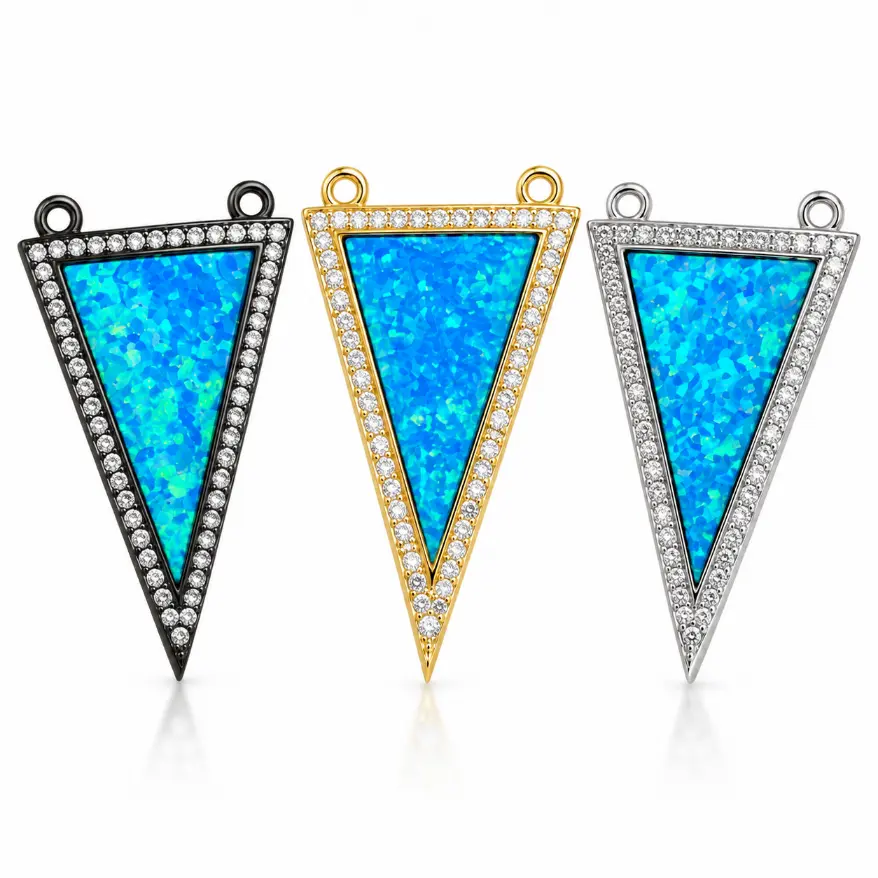 Gold Filled Blue Opal Triangle Connector, CZ Rhinestone Geometric Link Pendant, Turquoise Inlay Charm for Necklace Bracelet Making, CN171