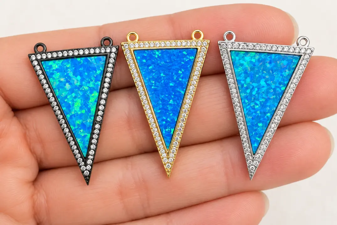 Gold Filled Blue Opal Triangle Connector, CZ Rhinestone Geometric Link Pendant, Turquoise Inlay Charm for Necklace Bracelet Making, CN171 - Image 2