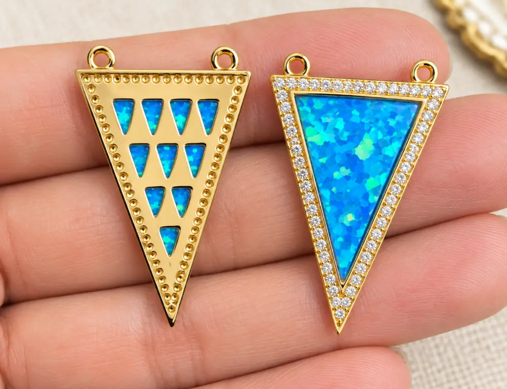 Gold Filled Blue Opal Triangle Connector, CZ Rhinestone Geometric Link Pendant, Turquoise Inlay Charm for Necklace Bracelet Making, CN171 - Image 3