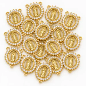 20PCS Gold Filled Virgin Mary Charm, CZ Religious Medal Pendant, Mother Mary Connector, Rhinestone Prayer Charm for Jewelry Making, CN403