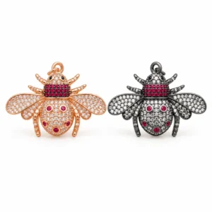 CZ Bee Charm, Rhinestone Honeybee Pendant with Pink Red Gemstones, Rose Gold or Black Finish Insect Jewelry Charm, Necklace Bracelet, CP147