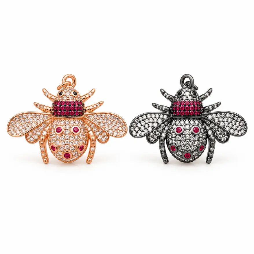 CZ Bee Charm, Rhinestone Honeybee Pendant with Pink Red Gemstones, Rose Gold or Black Finish Insect Jewelry Charm, Necklace Bracelet, CP147
