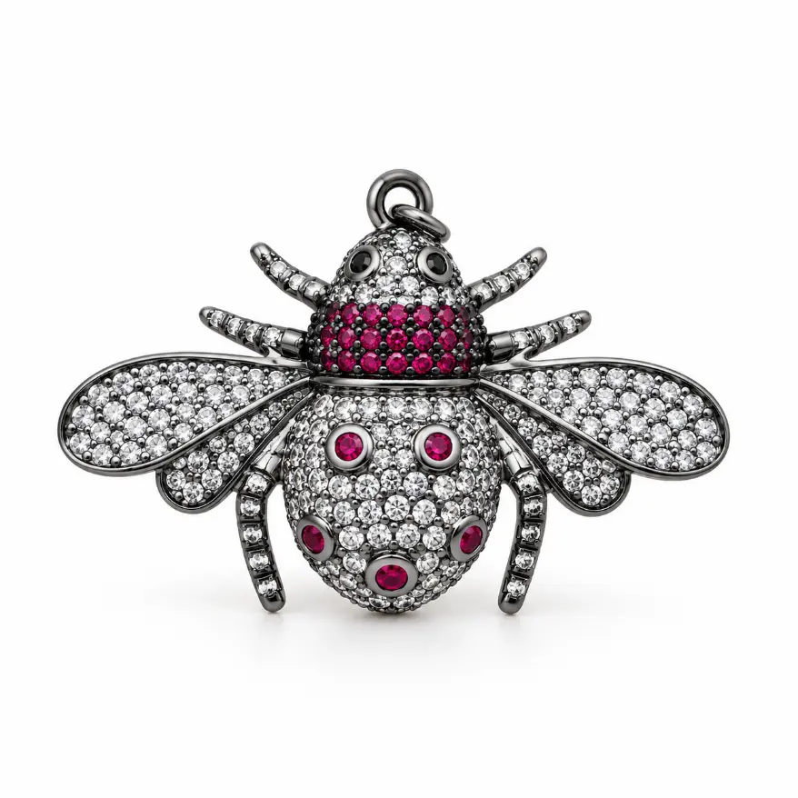 CZ Bee Charm, Rhinestone Honeybee Pendant with Pink Red Gemstones, Rose Gold or Black Finish Insect Jewelry Charm, Necklace Bracelet, CP147 - Image 3