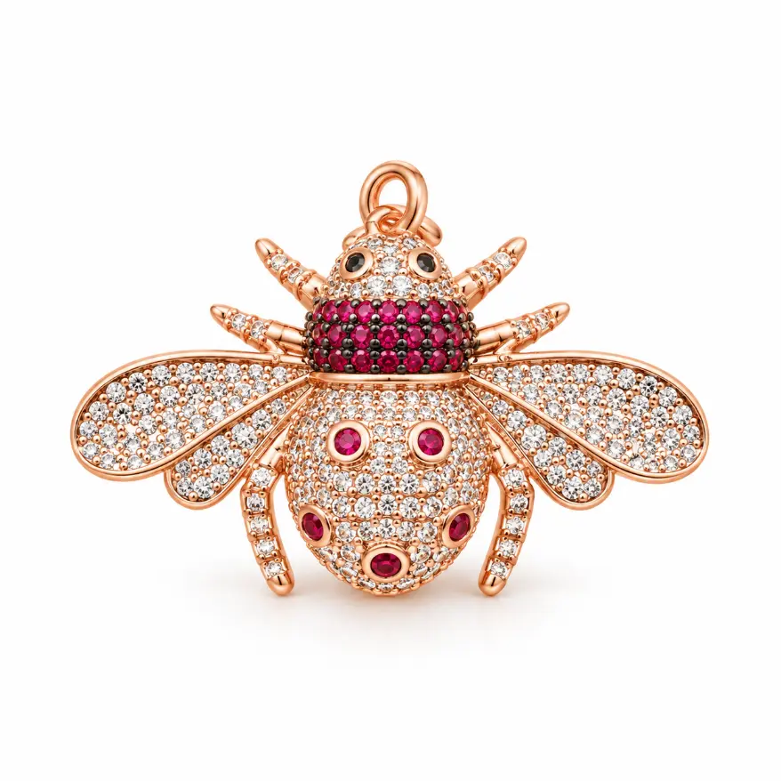 CZ Bee Charm, Rhinestone Honeybee Pendant with Pink Red Gemstones, Rose Gold or Black Finish Insect Jewelry Charm, Necklace Bracelet, CP147 - Image 2
