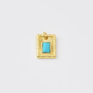 Gold Filled Turquoise Charm, Blue Cabochon Rectangle Pendant, Geometric Sunburst Charm for Bracelet Necklace, Jewelry Making Supply, CP2538