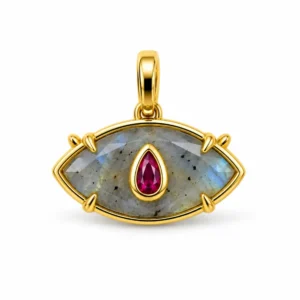 Gold Filled Labradorite Evil Eye Charm, Ruby Red CZ Gemstone Pendant, Blue Flash Stone Amulet for Necklace Bracelet Jewelry Making, CP2548