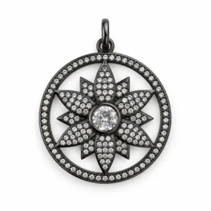Pave Lotus Flower Pendant Charm, CZ Floral Sunburst Charm, Rhinestone Flower Pendant, Black Crystal Charm, Jewelry Making Supply, CP450