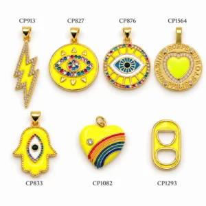 Gold Filled Enamel Charm Pendants,  Lightning Bolt, Evil Eye, Heart and Rainbow Pendant, Colorful Rhinestone Jewelry Charm, Lot048