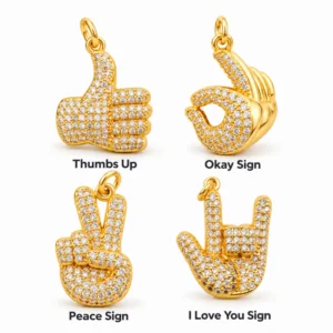Gold Filled CZ Hand Sign Charms, Pave Rhinestone Thumbs Up, Okay, Peace and I Love You Gesture Pendants for Bracelet Necklace Making, LOT057
