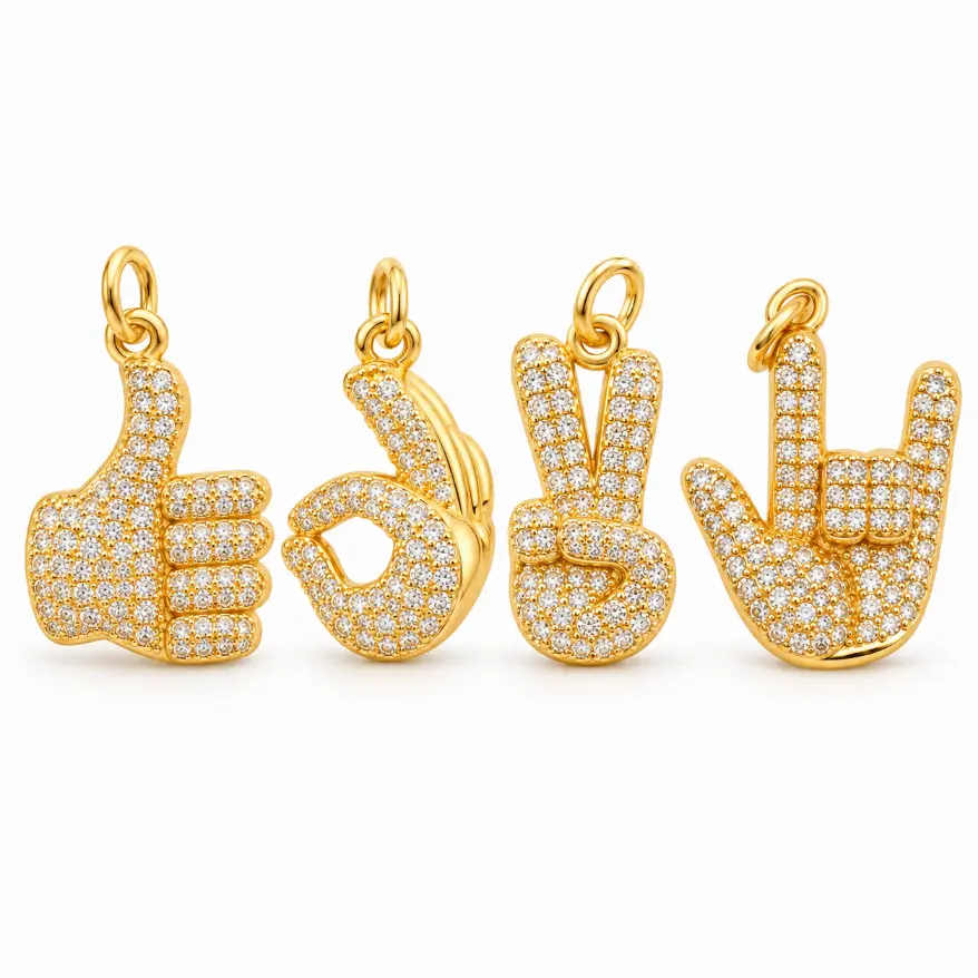 Gold Filled CZ Hand Sign Charms, Pave Rhinestone Thumbs Up, Okay, Peace and I Love You Gesture Pendants for Bracelet Necklace Making, LOT057 - Image 2